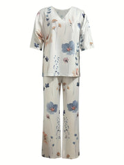 Floral Print Two piece Set V Neck Half Sleeve Tops & Wide Leg Pants