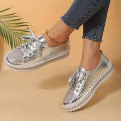 Women's Rhinestone Lace Up Skate Shoes Platform Sneakers