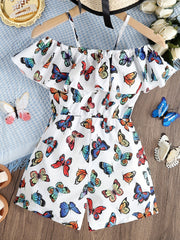 Girls Butterfly Graphic Cold Shoulder Ruffle Trim Romper Jumpsuits