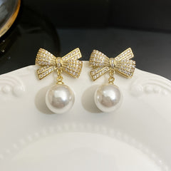 Bow Faux Pearl Earrings Party Jewelry Holiday Birthday Gift