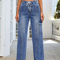 Cargo Denim Pants Elastic Waist Loose Fit