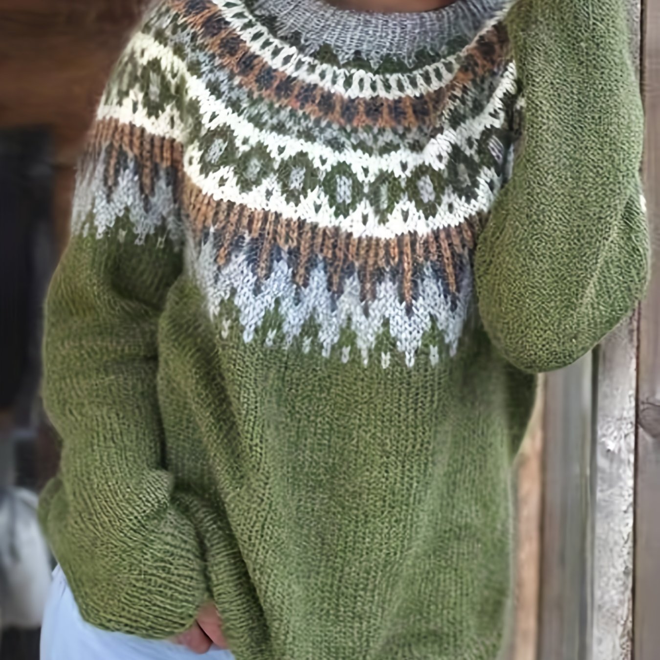 Fair Isle Pattern Crew Neck Sweater Vintage Long Sleeve Sweater