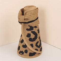 Leopard Bow Sun Visor Hat For Women Girls Beach Lake Garden Travel Straw Hat