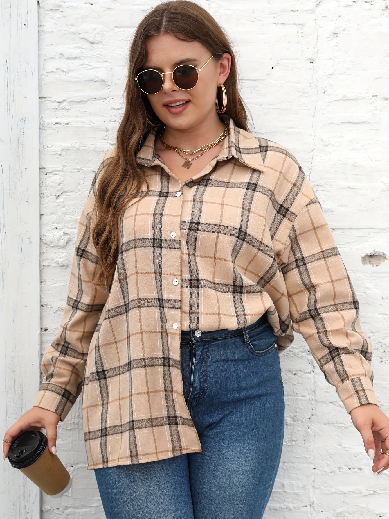 Women's Plus Plaid Print Long Sleeve Button Up Shirt