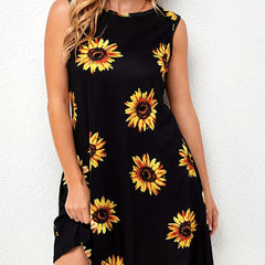 Sunflower Print Summer Dress Crew Neck Sleeveless Casual Dress