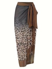 Leopard Print V Neck One Piece Swimsuit Set with Coverup Skirt
