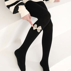 Girls Elastic Pantyhose with Vertical Ribbon Knit Bow