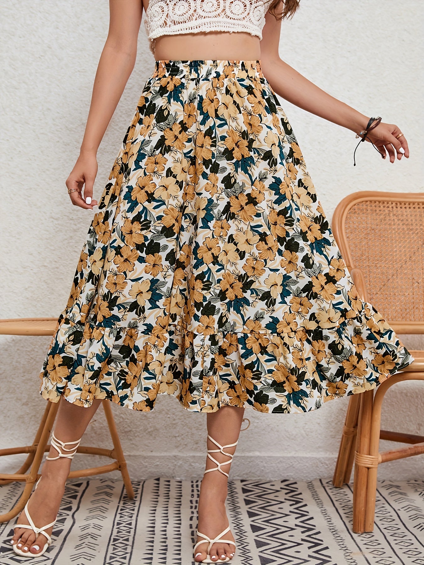 Floral Print Elastic Waist Skirt for Spring & Summer