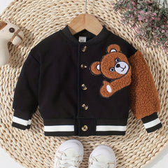 Baby Adorable Bear Embroidered Jacket Kids Single Breasted Long Sleeve Coat