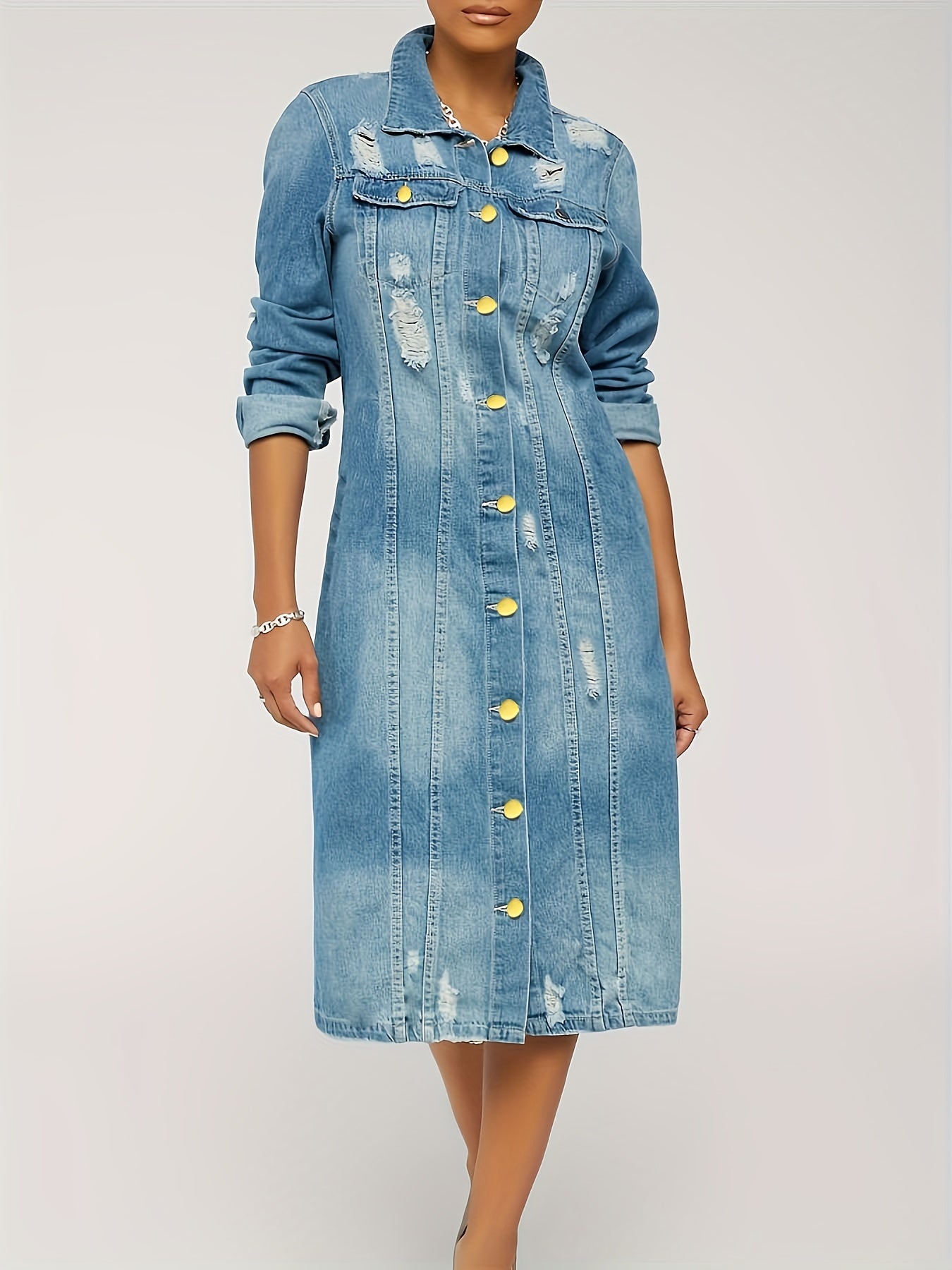 Distressed Long Sleeve Denim Coat Women's Jacket