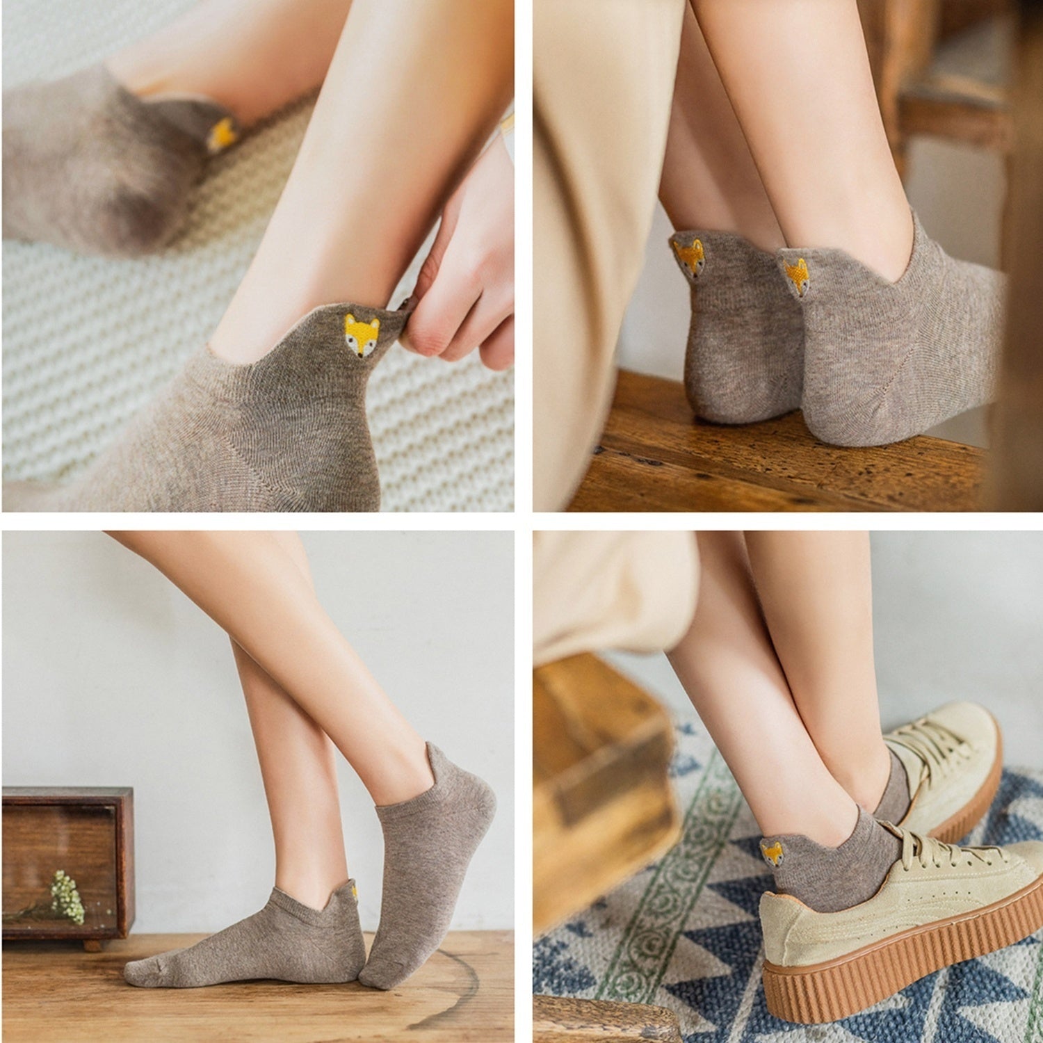 10 Pairs Women's Golden Fox Embroidered Cotton Ankle Socks