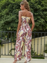 Tropical Print Cinched Waist Wide Leg Jumpsuit