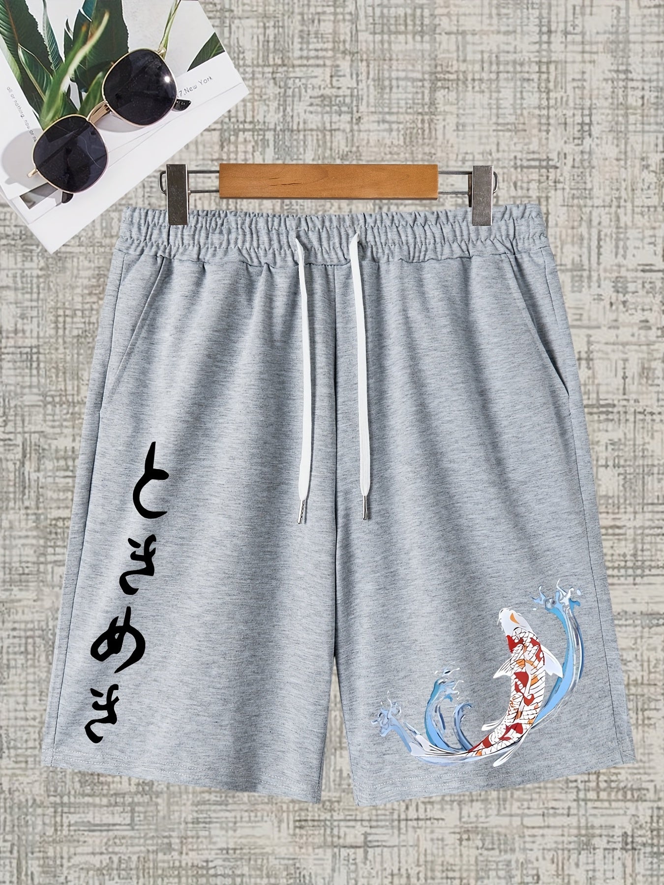 Koi Fish Pattern Comfy Active Shorts Men's Casual Stretch Drawstring Shorts