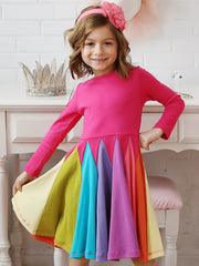 Girls Long Sleeve Round Neck Block Rainbow Princess Dress Kids Clothes