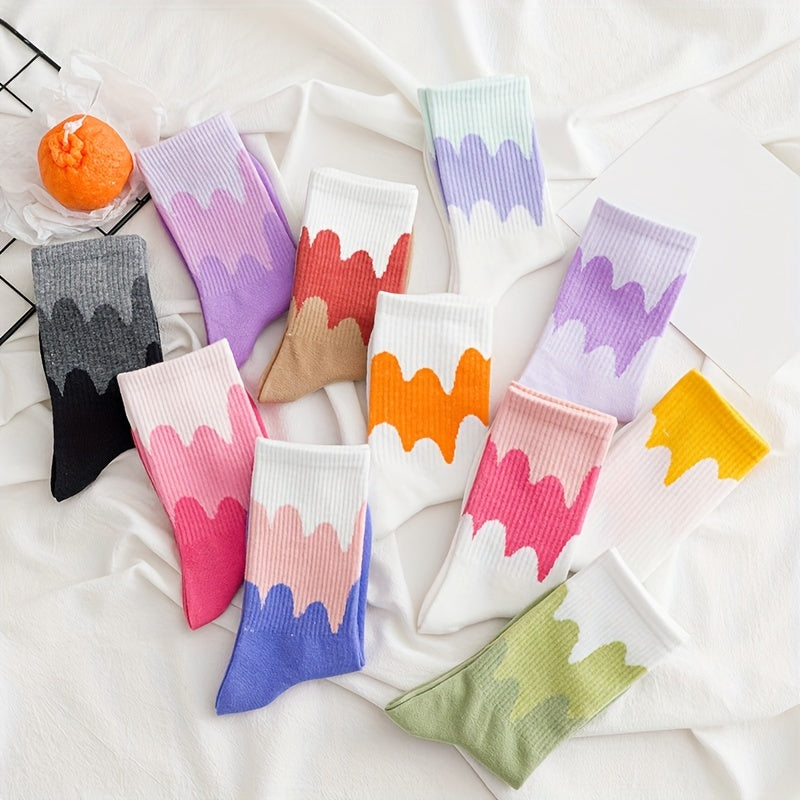 10 Pairs Colorblock Crew Socks Comfy & Breathable Women's Stockings