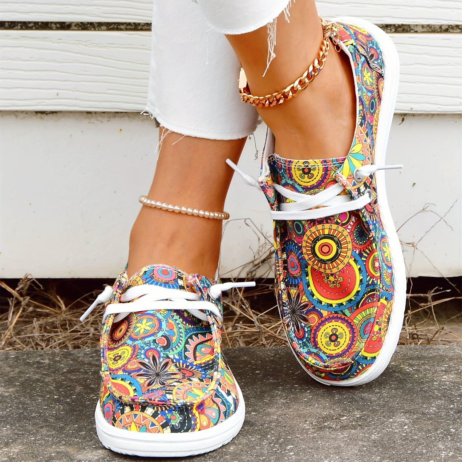 Women's Floral Printed Canvas Flats Casual Walking Sneakers