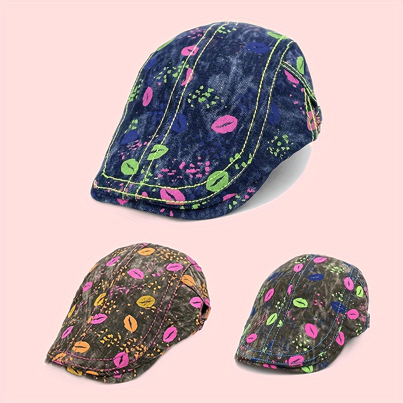 Lips Print Hip Hop Beret Washed Distressed Lightweight Painter Cap