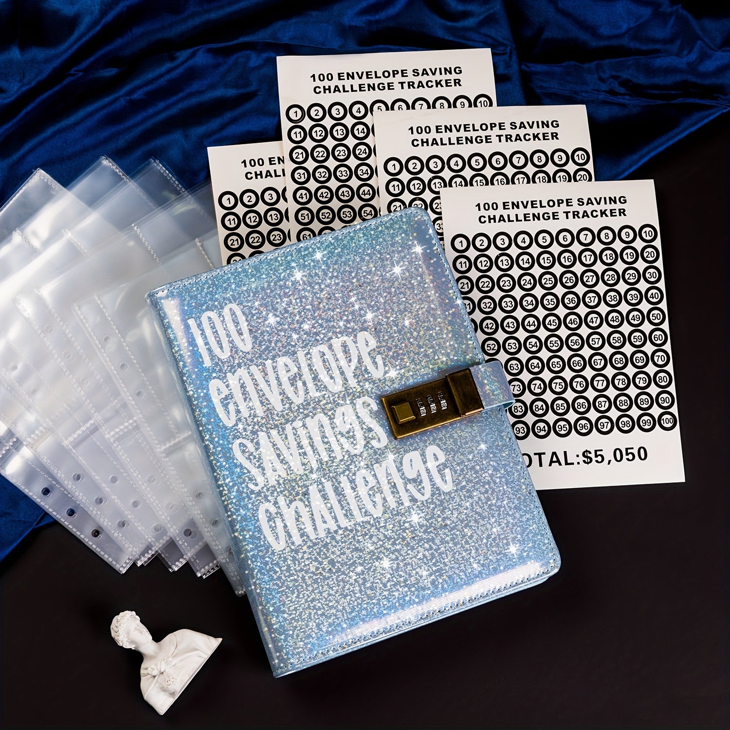 100 Envelopes Money-Saving Challenge Binder with Lock and Shining Cover
