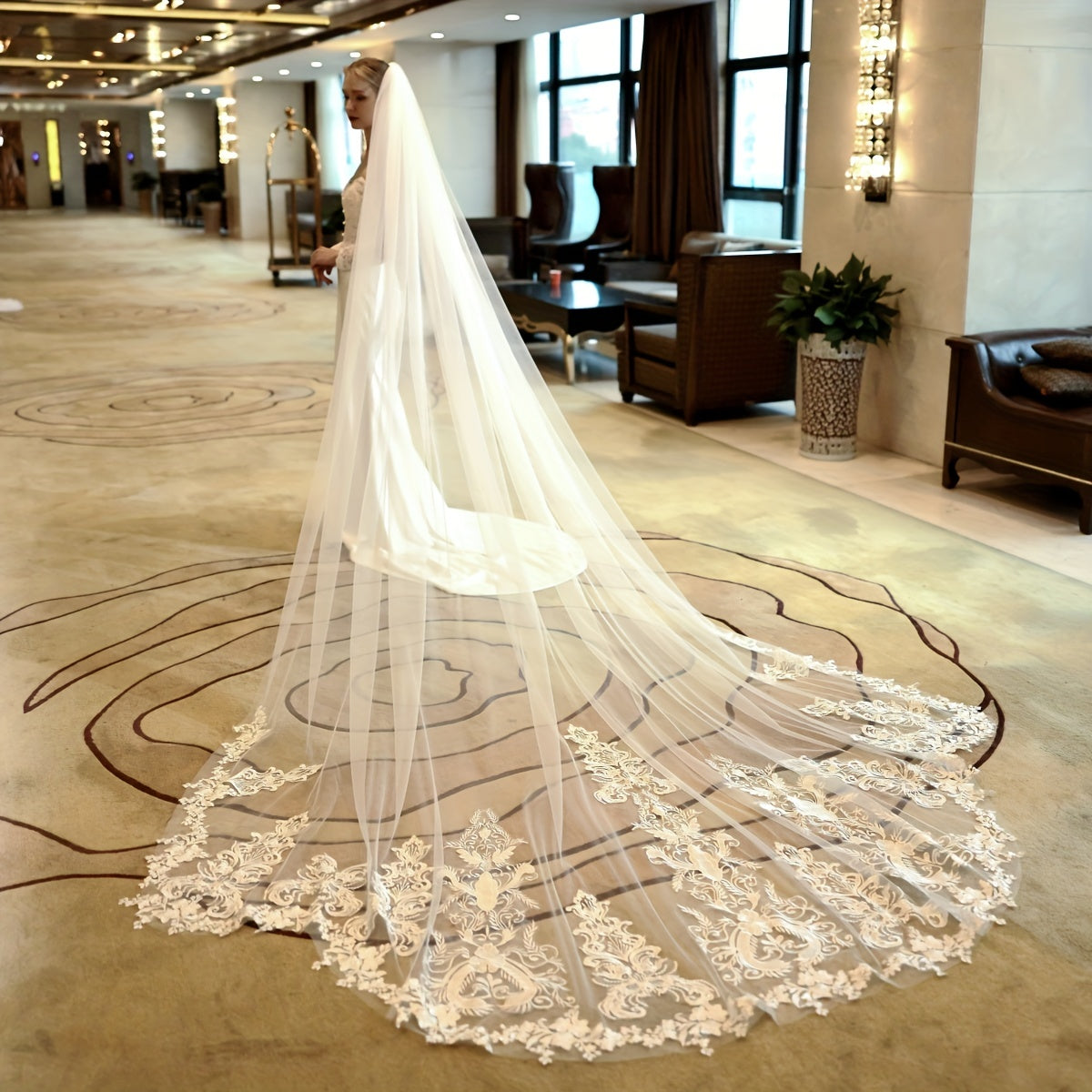 Ivory Bridal Cathedral Wedding Veil Lace Embroidery With Comb