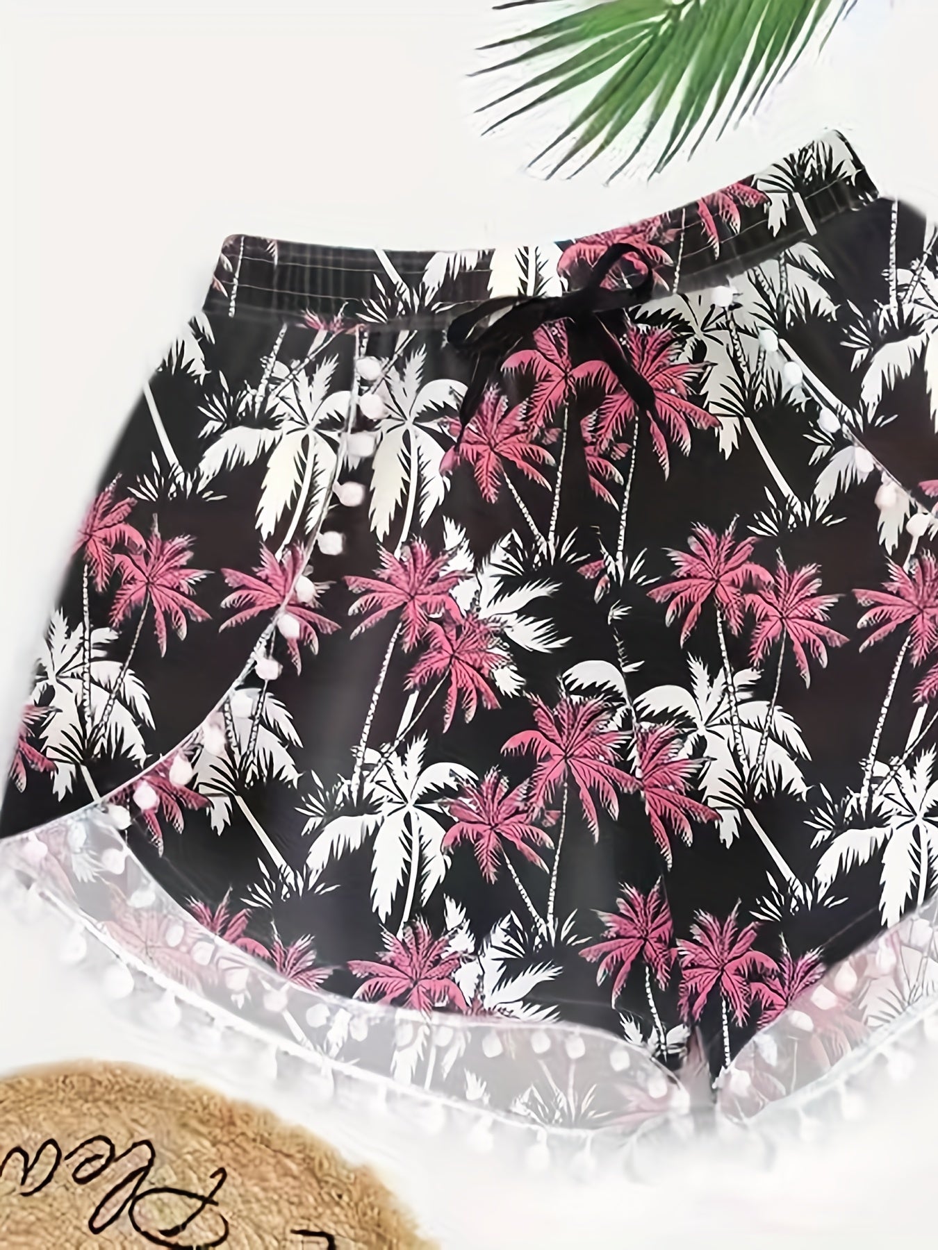 Coconut Tree Print Bow Knot Front Plus Size Vacay Shorts Women's Plus