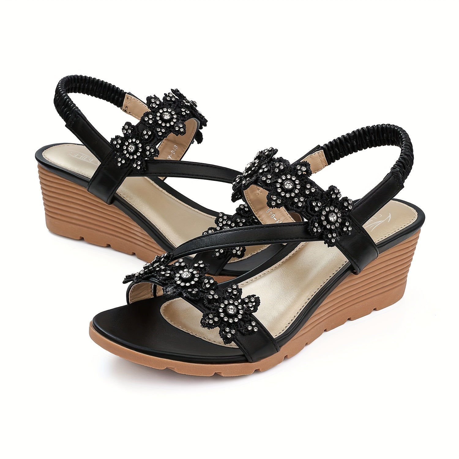 Women's Rhinestone & Flowers Wedge Sandals Slip On Platform Sandals