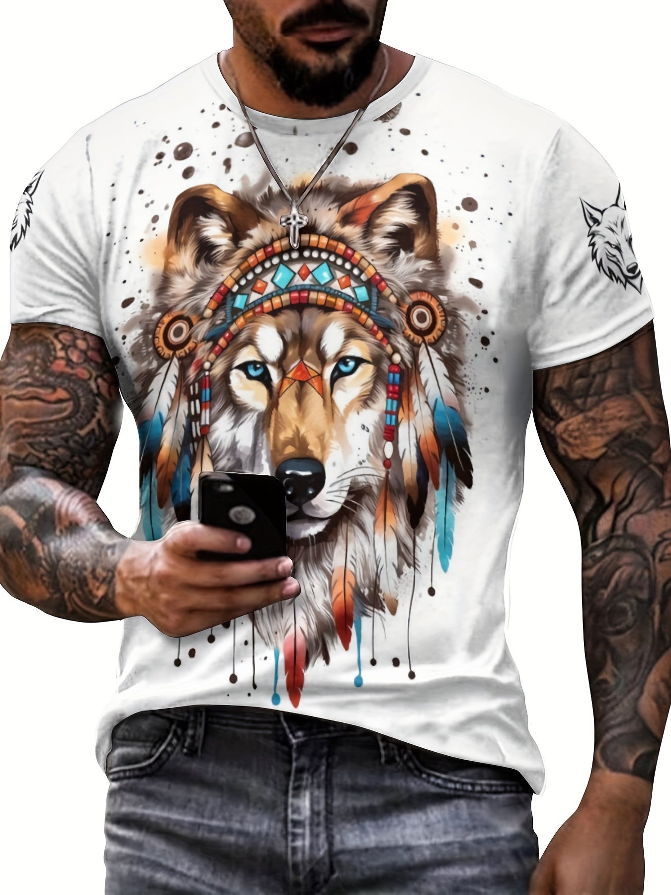 Men's Tribal Wolf 3D Print Tee Outdoor Active Shirt