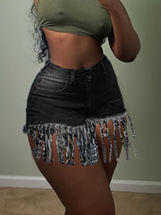 Fringe Trim High Rise Denim Shorts Women's Plus Casual Shorts