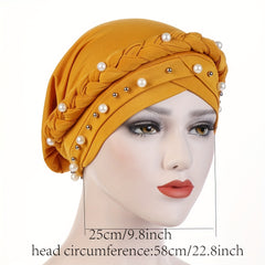 Faux Pearl Beads Turban Hijab Cap Twist Braid Head Scarf Solid Ramadan Head Wrap