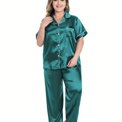 Satin Pajamas Set Short Sleeve Button Up Lounge Two Piece Set