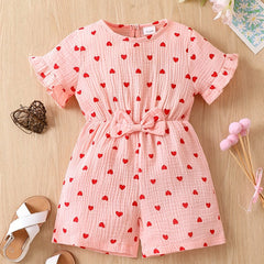 Girls Heart Print Ruffle Sleeve Jumpsuit With Bow - Toddlers Kids Children