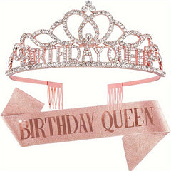 Girls Birthday Party Crown & Shoulder Strap Rhinestone Tiara Princess Set