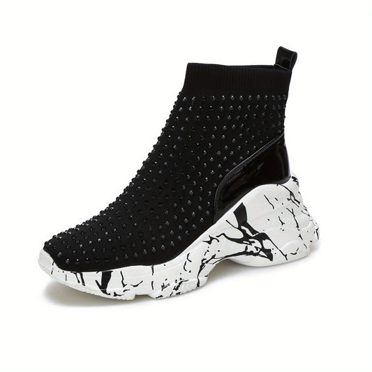Women's Rhinestone Platform Boots High Top Wedge Sneakers Stretch Sock Boots
