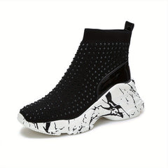 Women's Rhinestone Platform Boots High Top Wedge Sneakers Stretch Sock Boots