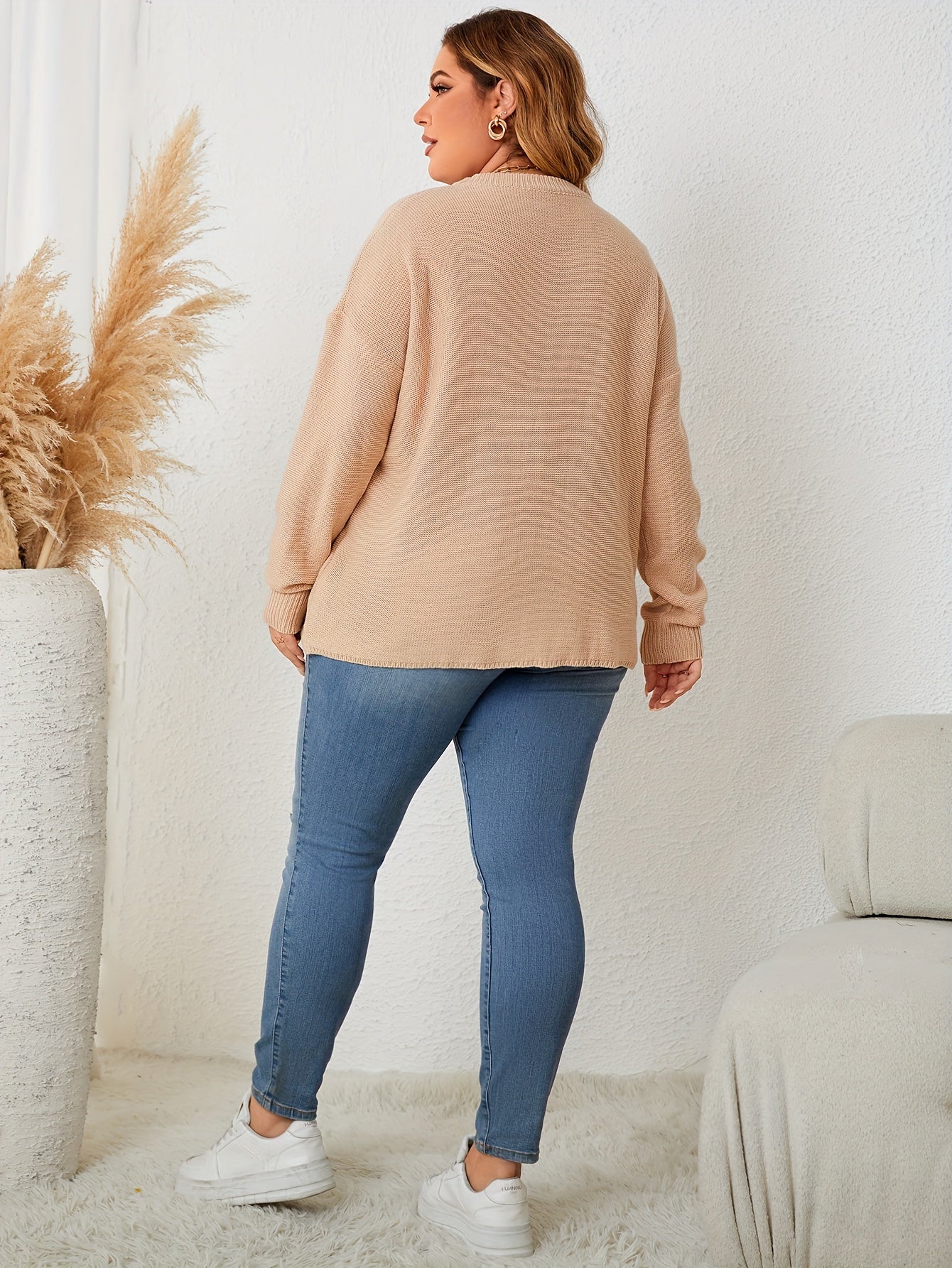 Solid Long Sleeve Knit Top Round Neck Sweater