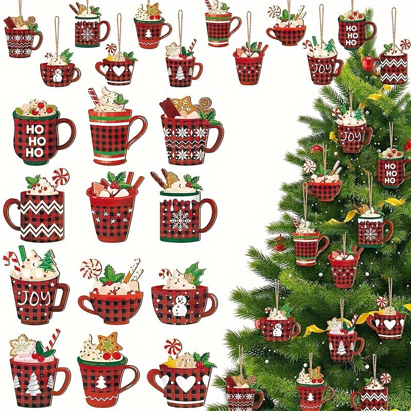 36pcs Christmas Hot Cocoa Wooden Ornaments with Rope Christmas Hanging Ornaments