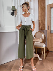 Casual Two Piece Set Button Front T-Shirt & Tie Front Crop Pants Outfits