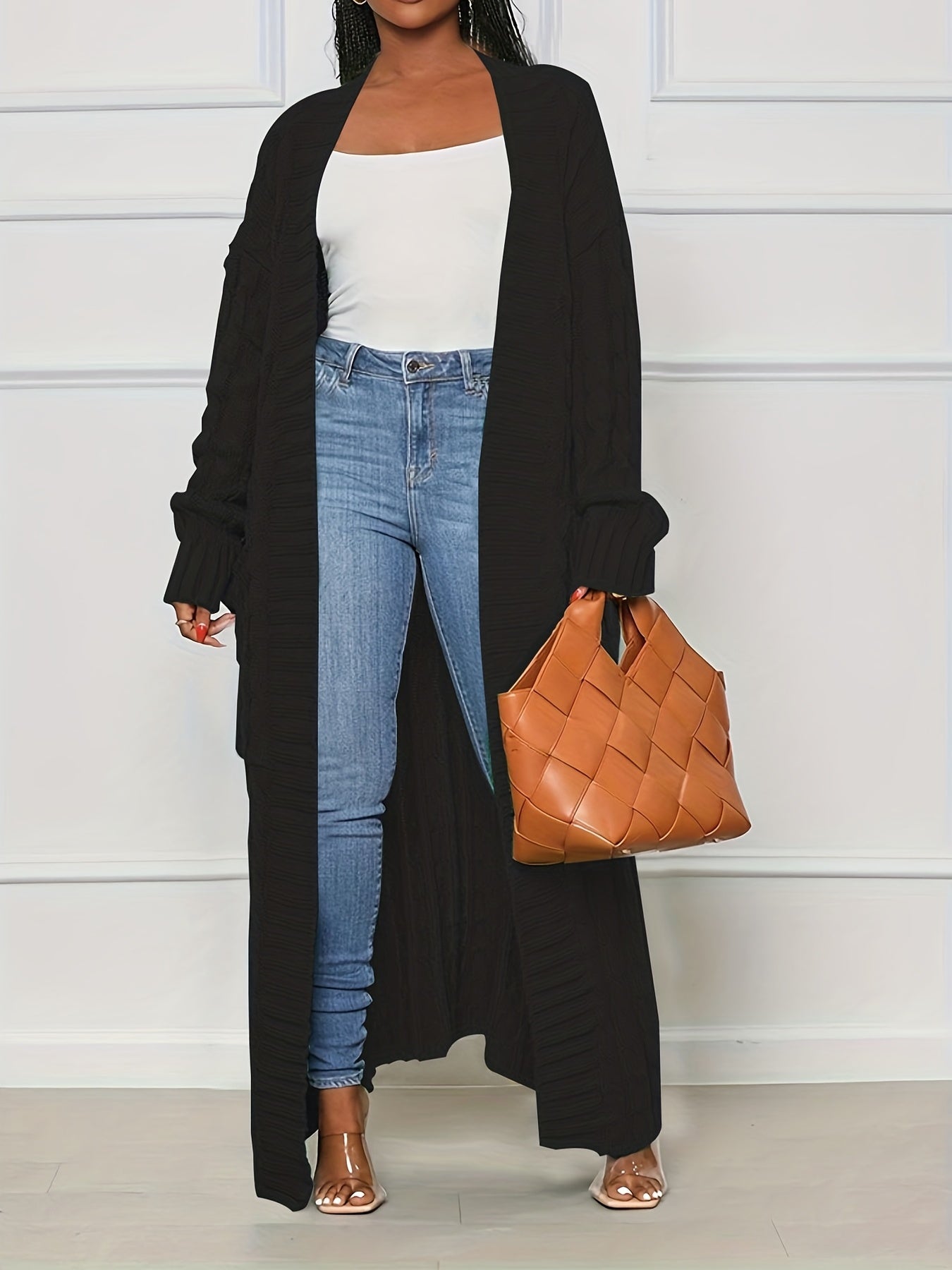 Cable Knit Open Front Longline Cardigan with Pockets
