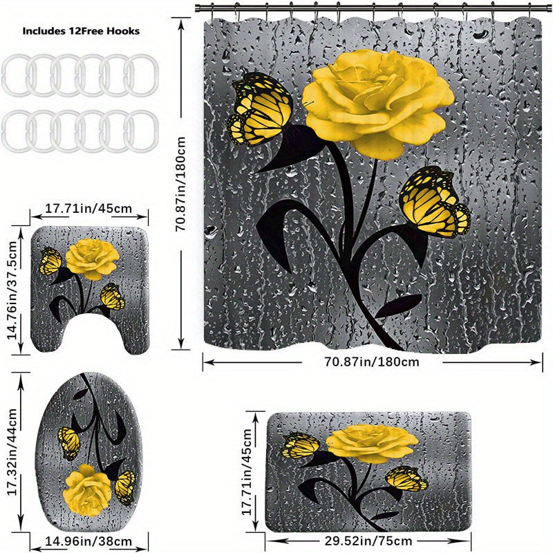 Yellow Rose Bathroom Set with Shower Curtain and 12 Hooks