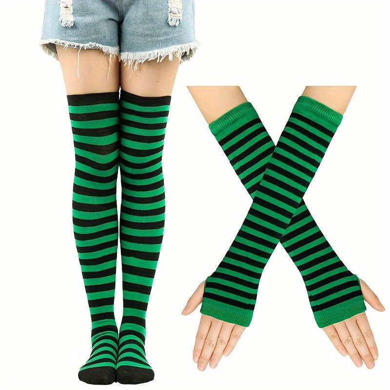 Colorful Striped Knitted Thigh Long Stockings & Gloves Set