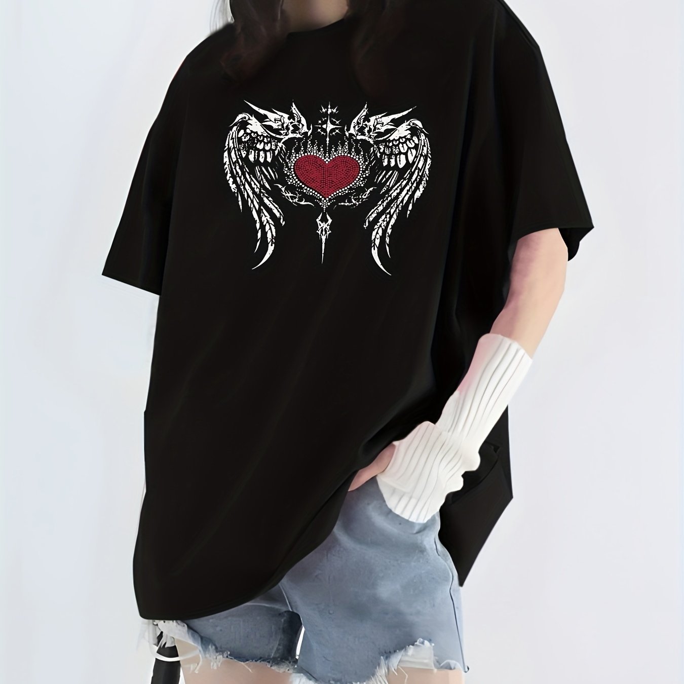 Wing & Heart Print T shirt Casual Crew Neck Short Sleeve Top