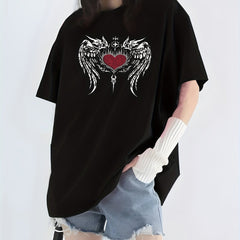 Wing & Heart Print T shirt Casual Crew Neck Short Sleeve Top