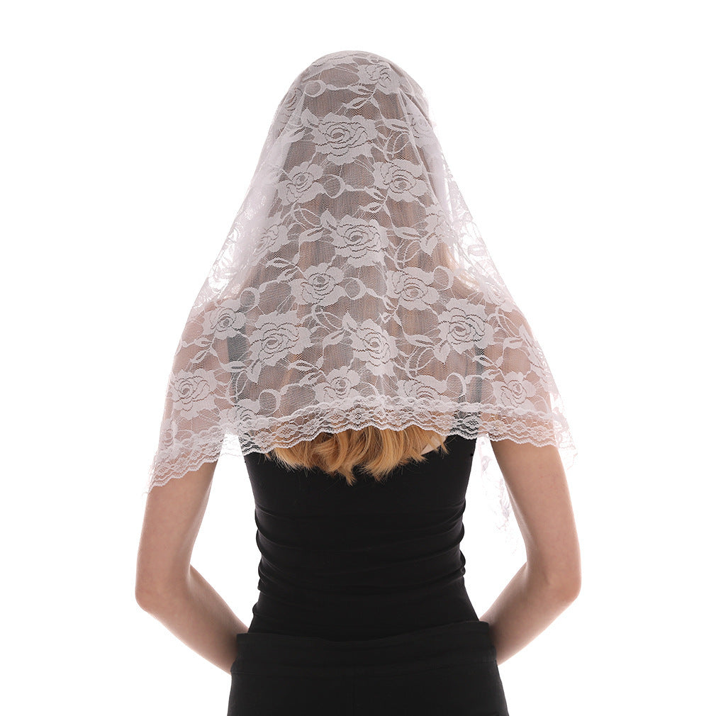 Short Lace Bridal Mantilla Veil Floral Head Covering Soft Tulle Fabric
