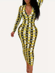 Stripe Print Half Zipper V Neck Bodycon Maxi Dress
