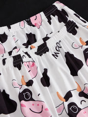 Cow Print Pajamas Set Short Sleeve Top & Shorts & Pants