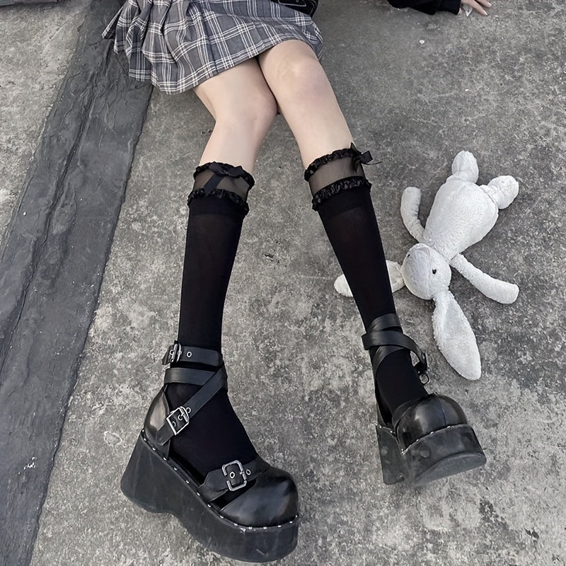 Bow Decor Lace Trim Calf Socks Knee High Stockings Women's Hosiery