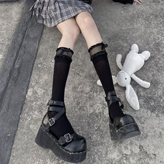 Bow Decor Lace Trim Calf Socks Knee High Stockings Women's Hosiery