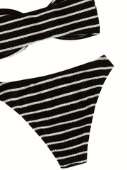 Striped Bandeau Bikini High Cut Swimsuit Set
