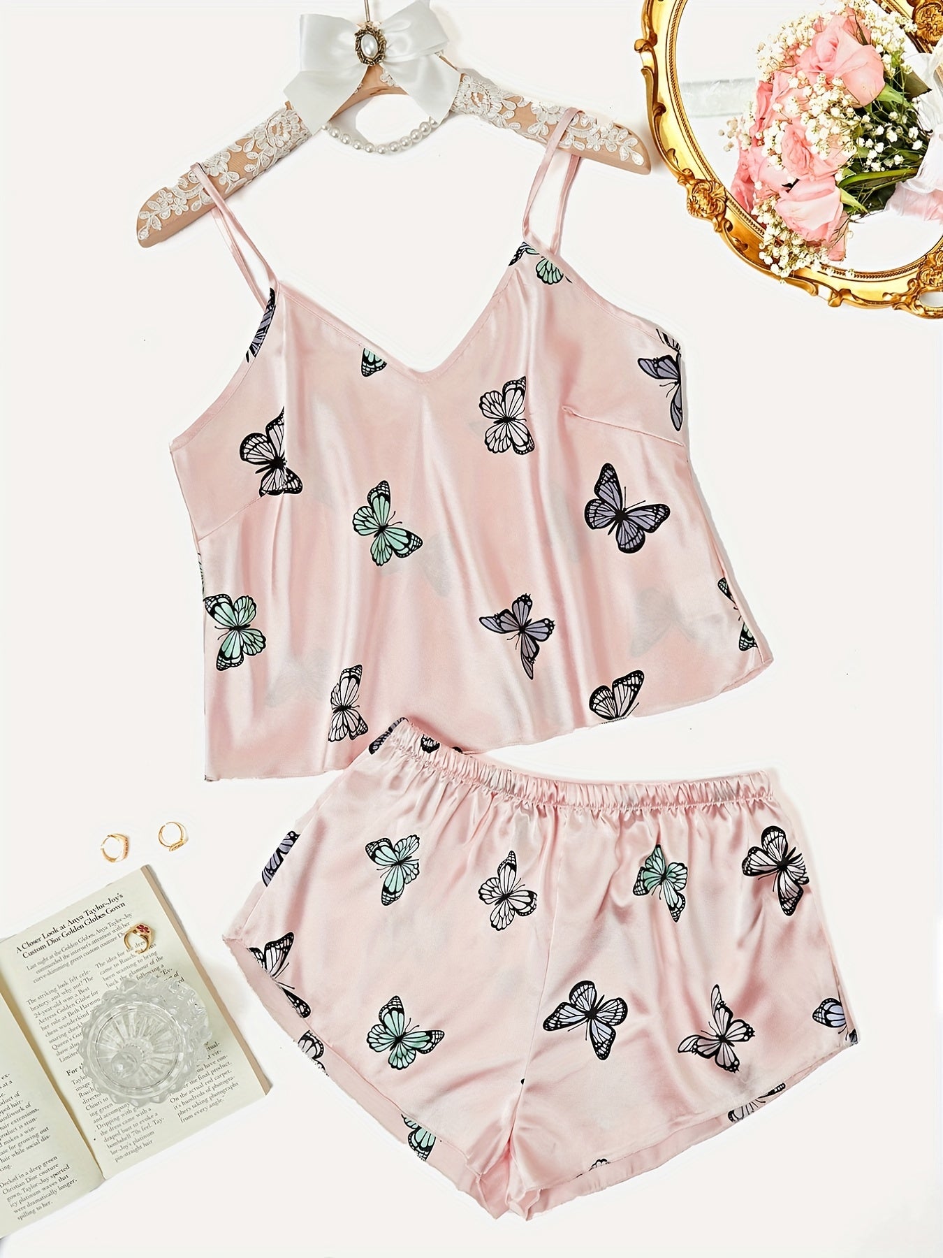 Butterfly Print Pajama Set V Neck Cami Top & Shorts Women's Sleepwear