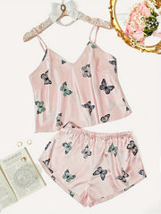 Butterfly Print Pajama Set V Neck Cami Top & Shorts Women's Sleepwear