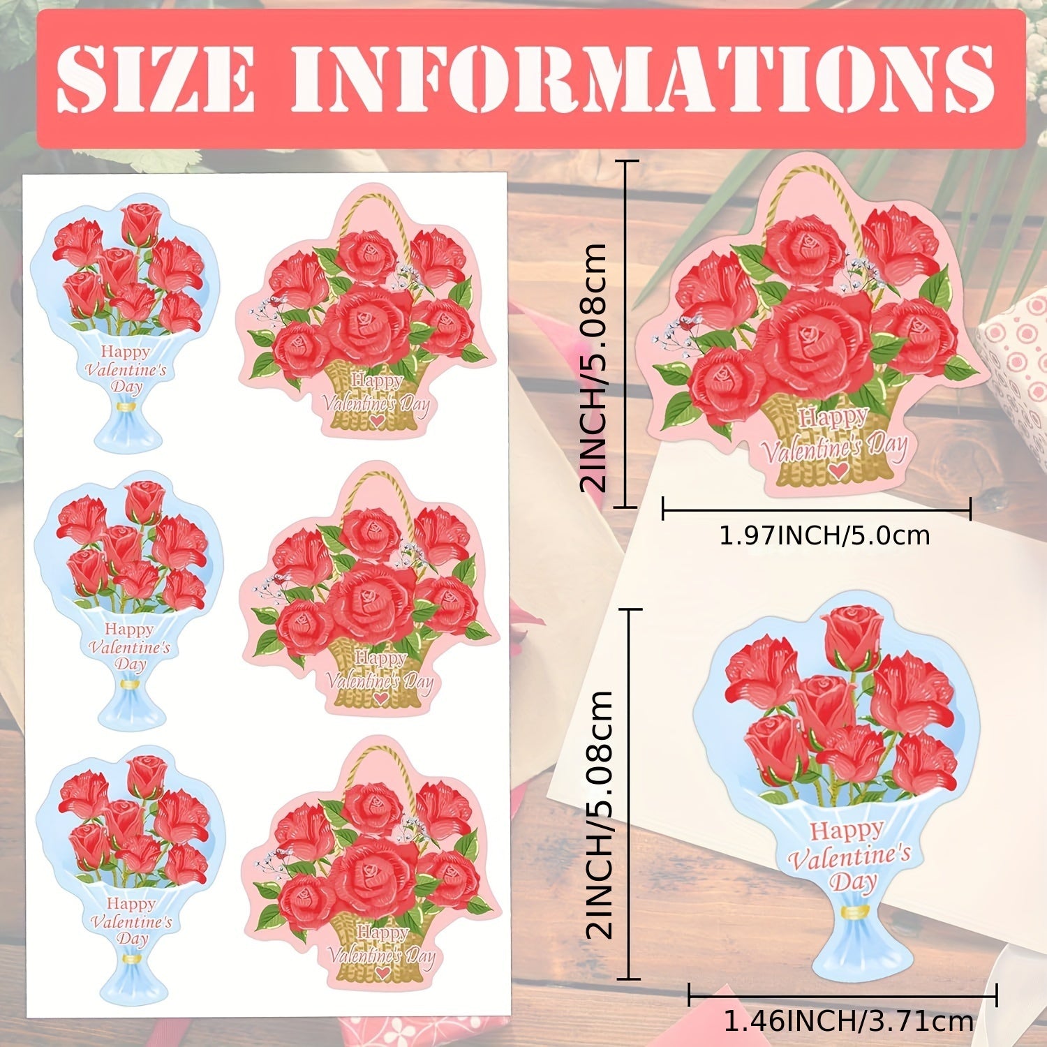 100pcs Red Rose Bouquet Happy Decorative Stickers 5.08cm